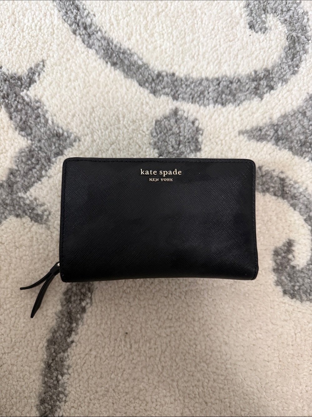 kate spade Black Saffiano Zip Wallet with Gold Logo
